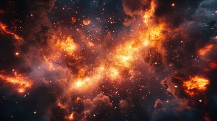 Fiery cosmic explosion with bright flames and dark smoke in space