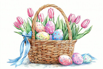 easter eggs in a basket with flowers