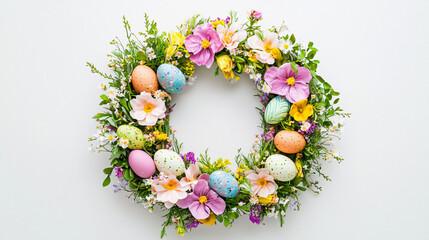 Easter Wreath with Flowers and Colorful Eggs &ndash; Spring Celebration