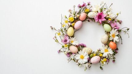 Floral Easter Wreath on a White Background Adorned with Easter Eggs