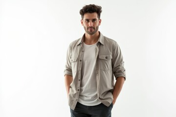 Fototapeta premium Half-Length (Waist-Up) portrait of young stylish smiling Andorran male model in retro wear isolated on pure white background looking at camera