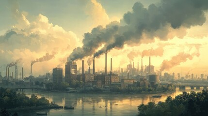 Obraz premium Industrial skyline with smoke at sunset over river landscape