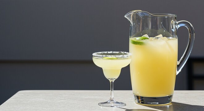 Refreshing pitcher and glass of margarita cocktail with lime garnish on a bright surface, evoking a cheerful summer atmosphere ideal for gatherings and celebrations