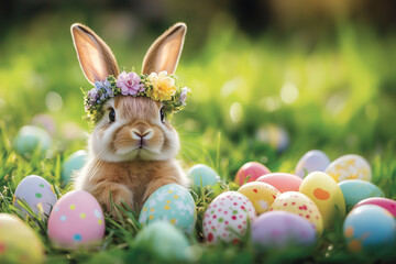 Easter Bunny in Flower Wreath Sitting on Meadow with Eggs &ndash; Spring Celebration