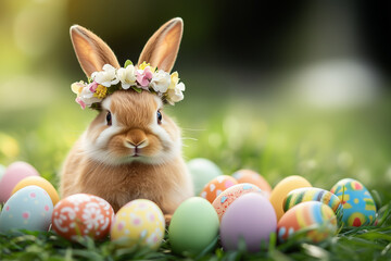 Easter Bunny Sitting on a Meadow Surrounded by Easter Eggs