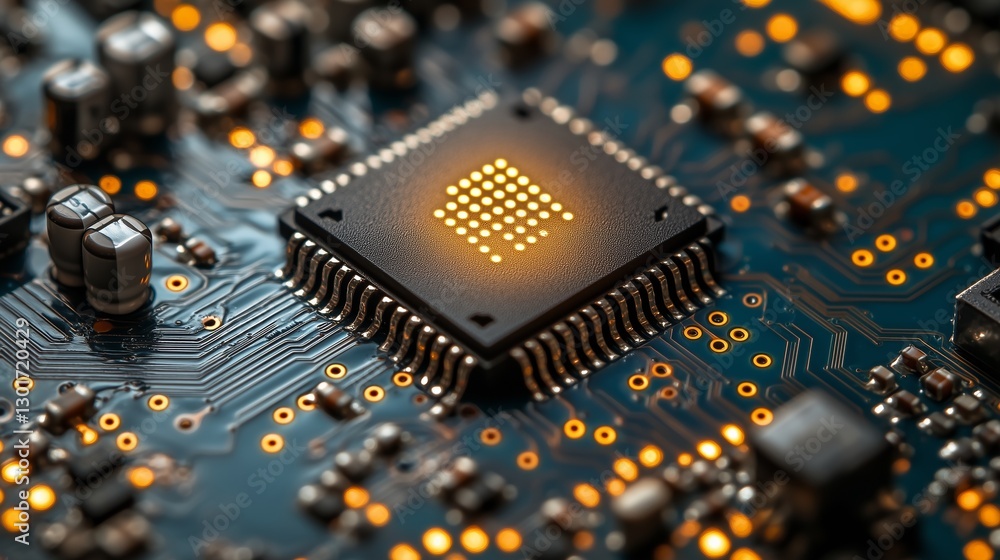 Poster close-up of a microchip on a blue printed circuit board