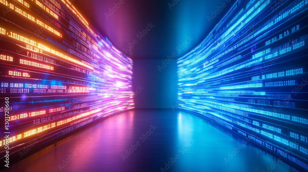 Poster bright neon lights in purple and blue create a dynamic tunnel effect, symbolizing the flow of data. 