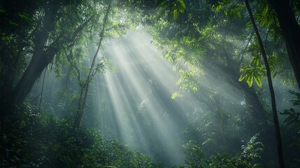 Obraz premium Discover the Breathtaking Jungle Scenery: Light Beams and Rich Greens in Ultra-Detailed 8K Nature Photography for Stunning Visual Experience