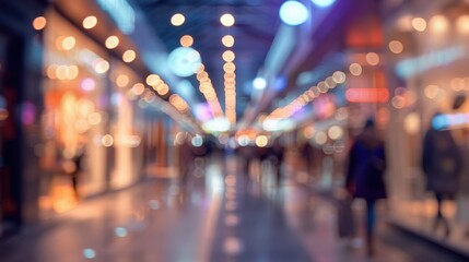 Evening buzz of shoppers in a vibrant, crowded shopping center with soft lights