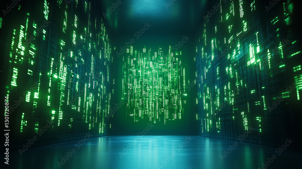 Aufkleber a futuristic room filled with vibrant green data streams cascading down walls, creating an immersive