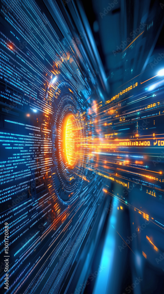Poster bright orange light bursts from the center, surrounded by flowing lines of blue and orange data, cre