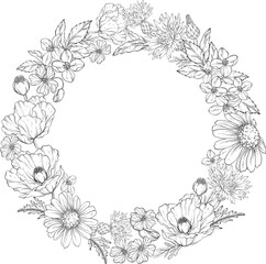 A Line art floral vector illustration featuring a circular wreath composed of poppies, daisies, cornflowers, buttercups, and wildflowers with lush leaves on white background