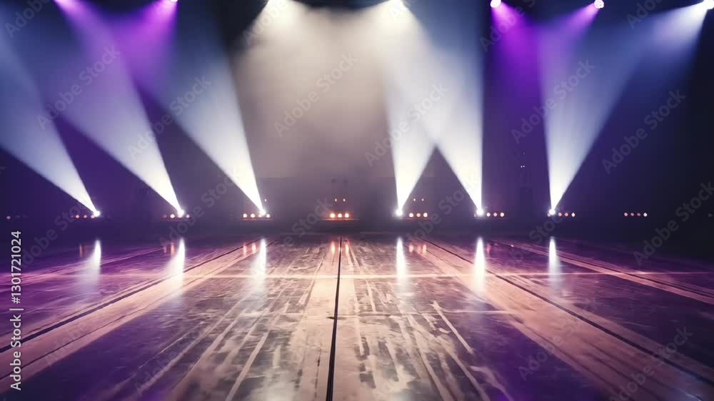 Poster dramatic concert stage illuminated by colorful spotlights with reflections on the shiny floor creati