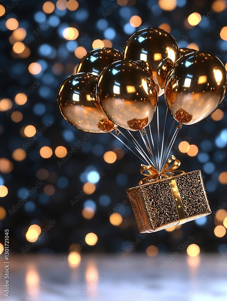 Poster metallic star balloons floating in a refined and captivating 3d composition surrounded by a vibrant 