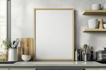Mockup de moldura vertical em cozinha moderna com utensílios, plantas e decoração minimalista, criado com IA generativa para visualização de arte e design