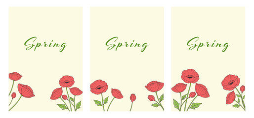 Set of spring posters. Vertical backgrounds with poppies. Vector illustration.