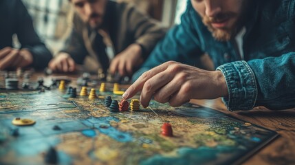Young caucasian males engaged in strategic board game indoors
