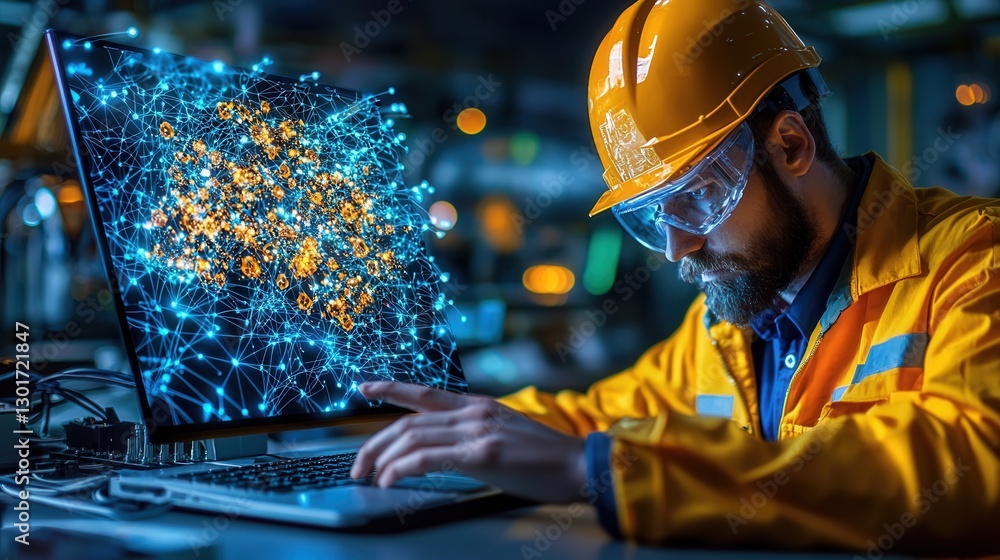 Poster technician working on a laptop computer in a high tech industrial environment analyzing data program