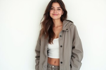 Half-Length (Waist-Up) portrait of young stylish smiling Andorran female model in emo wear isolated on pure white background looking at camera