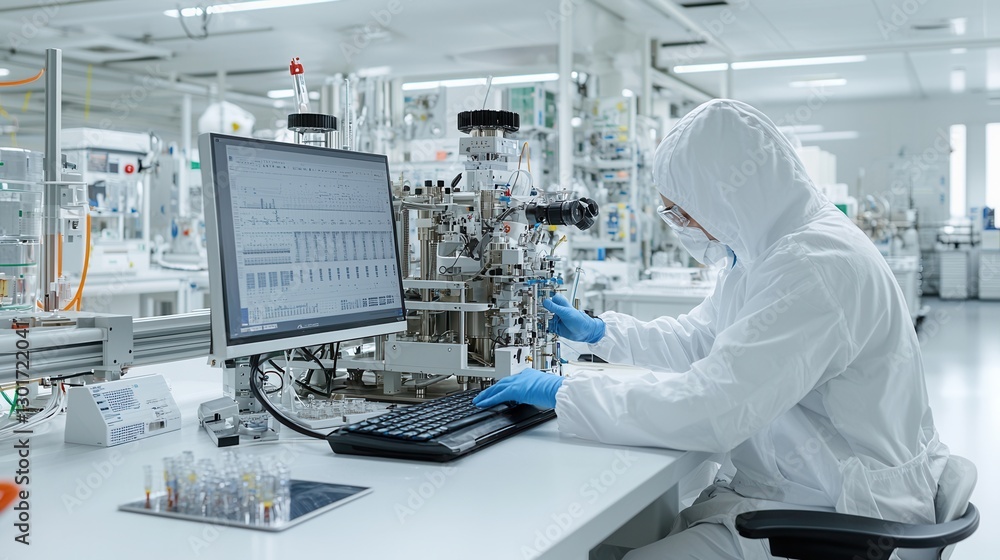 Poster portrait of a male scientific laboratory technician in a sterile white lab coat examining experiment