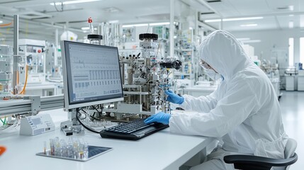 Portrait of a male scientific laboratory technician in a sterile white lab coat examining experimental data and analysis on a computer monitor in a modern high tech research workspace