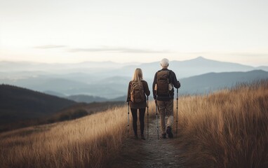 A young woman and an older man hiking together on a scenic mountain trail during sunset.