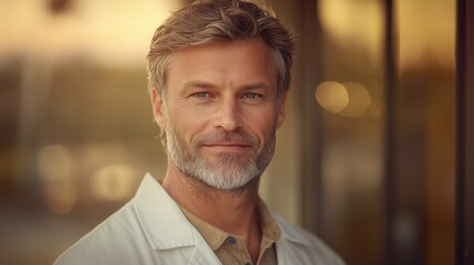 A confident male doctor with a beard smiling warmly in a professional setting.