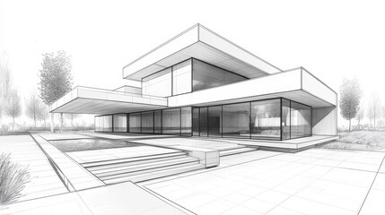 Modern architectural design of minimalist luxury home with geometric shapes and large glass windows