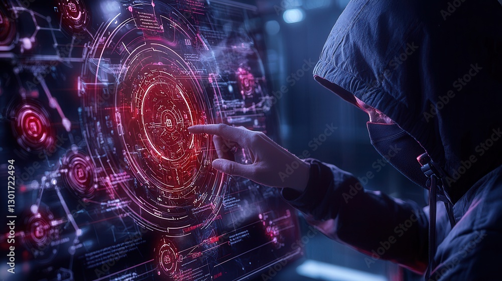 Poster a mysterious figure likely a hacker interacting with a complex futuristic holographic digital interf