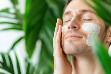 Relaxed man applying moisturizing cream on face, enjoying spa treatment with closed eyes surrounded by green leaves