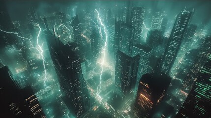 Lightning strikes futuristic city at night; aerial view, dystopian backdrop, video game concept
