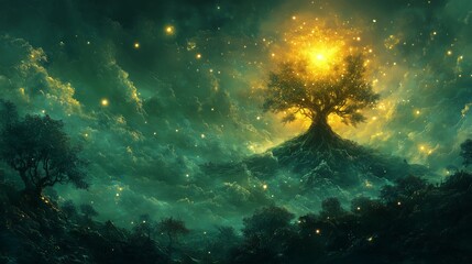 Fototapeta premium star tree of life and death symbol in bright emerald colors.
