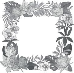 Fototapeta premium A monochrome beautifully detailed floral vector illustration featuring an elegant square frame adorned with tropical flowers, all intricately intertwined with leaves, against a white background