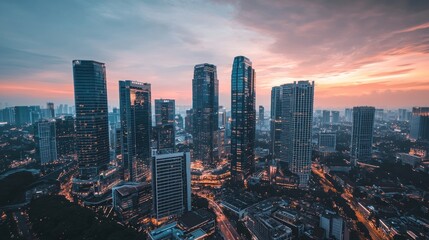 Fototapeta premium Stunning cityscape at sunset, skyscrapers illuminated.