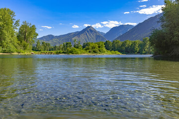 Mountains in the background of Wenatchee River Leavenworth Washi