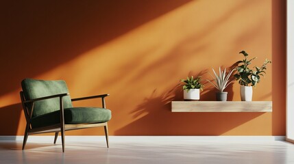 Explore an Elegant Minimal Living Space with a Burnt Orange Background, Mid-Century Modern Green Armchair, and Beautifully Floating Wooden Shelves - A Stylish 3D Rendered Ambiance