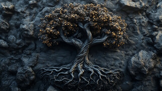 Tree symbol of life on black yggdrasil background