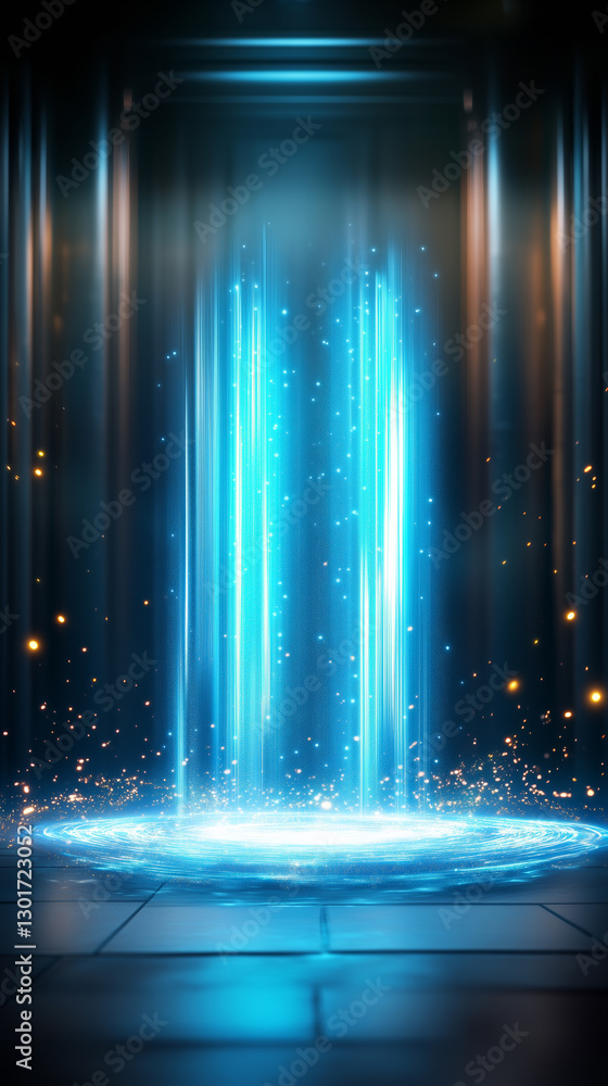Poster a glowing blue portal emits a bright light in a dark, futuristic environment. sparkling particles fl