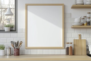 Mockup de moldura vertical em cozinha moderna com utensílios, plantas e decoração minimalista, criado com IA generativa para visualização de arte e design