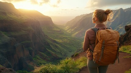 Woman with Backpack Takes Deep Mindful Breath on Hiking Trail