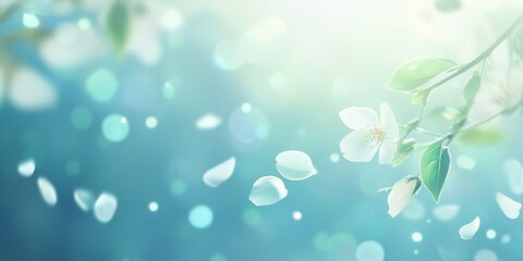 Fototapeta premium Stunning Spring Backdrop with Subtle Greens and Blues, Beautiful Floating Petals, Bright Ambiance, Photorealistic Details in 8K Resolution for Commercial Use - Perfect Artistic Background