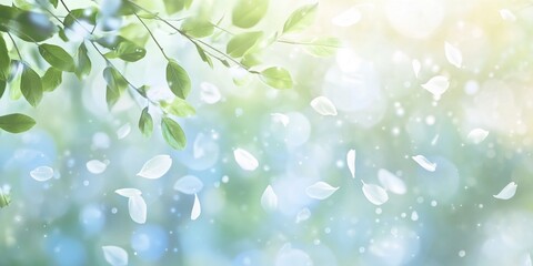 Stunning Elegant Spring-Themed Backdrop with Fresh Green and Soft Blue Gradients, Delicate Petals, and Artistic Bokeh Effect Perfect for Professional Use and Copy Space in 8K Resolution
