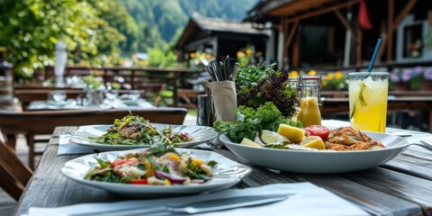 Fototapeta premium Enjoy a delightful outdoor dining experience featuring fresh salads and refreshing drinks