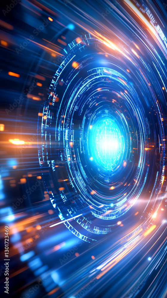 Poster bright blue core at the center of a swirling vortex of light, creating a sense of motion and energy 
