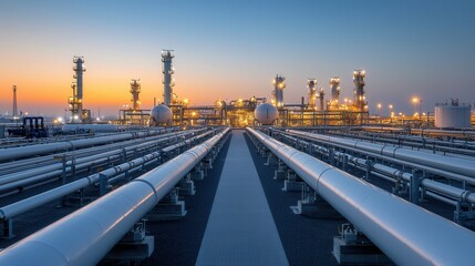 Captivating nighttime aerial view of an illuminated and expansive gas processing plant showcasing the intricate network of pipelines storage tanks