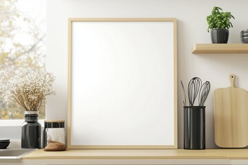 Mockup de moldura vertical em cozinha moderna com utensílios, plantas e decoração minimalista, criado com IA generativa para visualização de arte e design