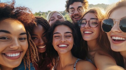 Obraz premium Capture the Joy: A Fun and Spontaneous Selfie of Multicultural Friends Outdoors in Stunning 8K, Showcasing Genuine Emotions and Unique Fashion Against a Vibrant Festival Background
