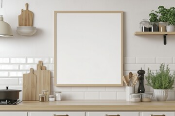 Mockup de moldura vertical em cozinha moderna com utensílios, plantas e decoração minimalista, criado com IA generativa para visualização de arte e design