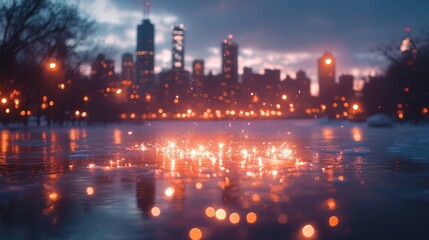 Fototapeta premium Sparkling city lights reflected on winter ice at dusk