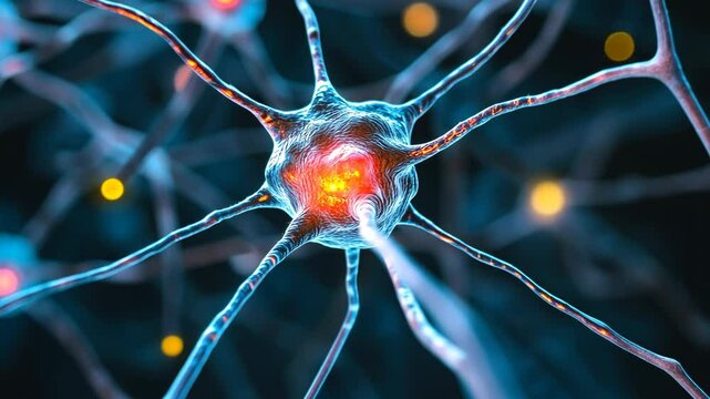 Neurons interconnecting and transmitting signals with glowing synapses in a digital representation of the nervous system